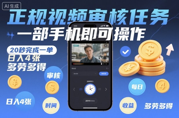 正规视频审核任务，一部手机即可操作，20秒完成一单，日入4张，多劳多得【揭秘】-网创项目总站