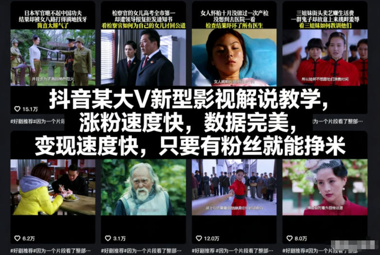 抖音某大V新型影视解说教学，涨粉速度快，数据完美，变现速度快，只要有粉丝就能挣米-网创项目总站