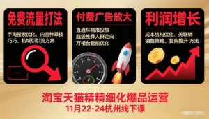 淘宝天猫精细化爆品运营11月22-24杭州线下课，免费流量打法+付费广告放大+利润增长(音频+文档)-网创项目总站