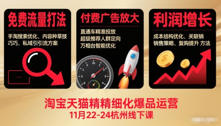 淘宝天猫精细化爆品运营11月22-24杭州线下课，免费流量打法+付费广告放大+利润增长(音频+文档)-网创项目总站