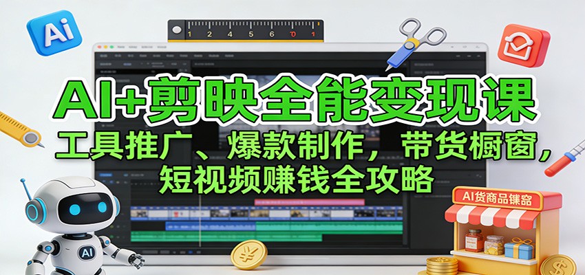 AI+剪映全能变现课：工具推广、爆款制作、带货橱窗，短视频赚钱全攻略-网创项目总站