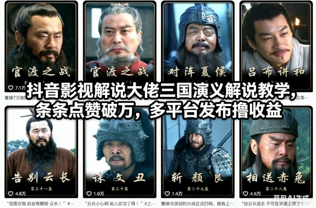 抖音影视解说大佬三国演义解说教学，条条点赞破万，多平台发布撸收益-网创项目总站