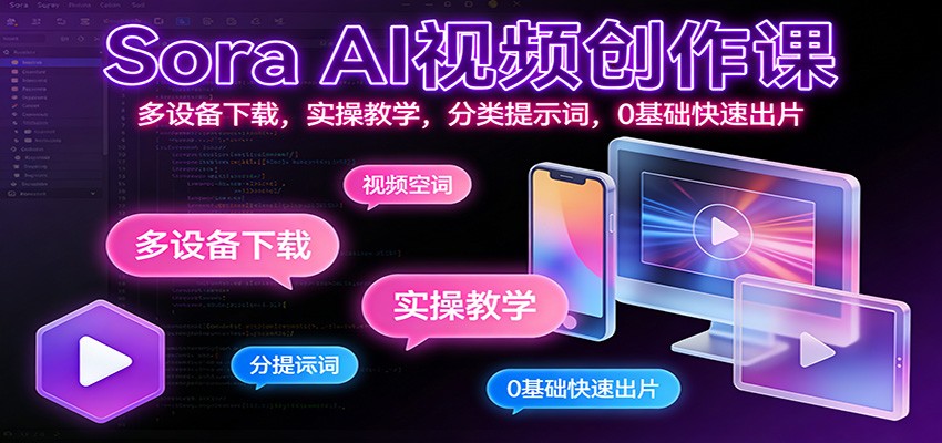 Sora AI视频创作课：多设备下载，实操教学，分类提示词，0基础快速出片-网创项目总站