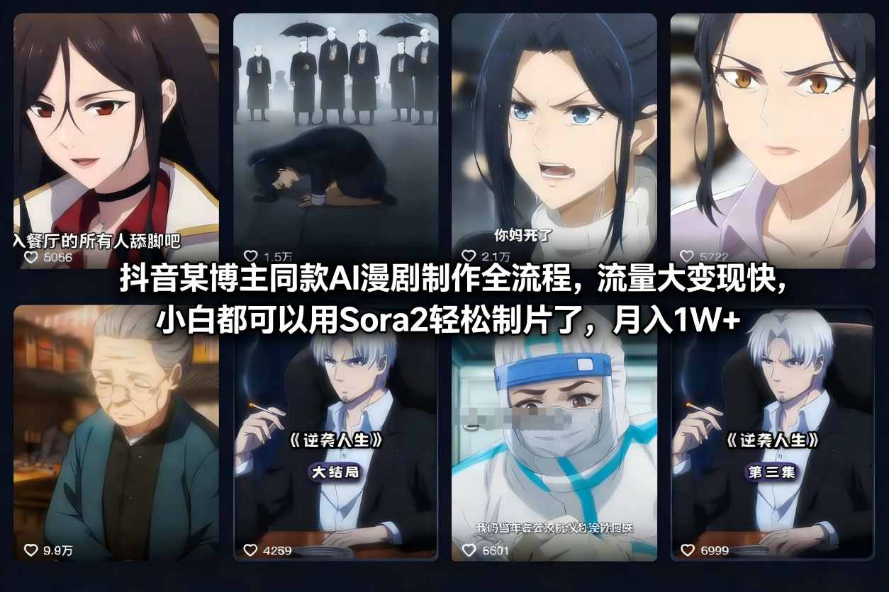 抖音某博主同款AI漫剧制作全流程，流量大变现快，小白都可以用Sora2轻松制片了，月入1W+-网创项目总站