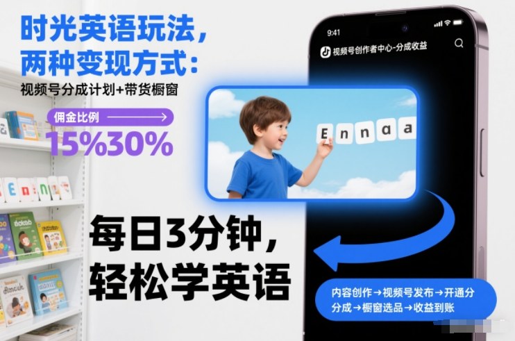 时光英语玩法，两种变现方式：视频号分成计划+带货橱窗-网创项目总站