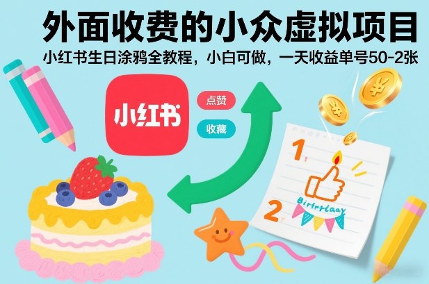 外面收费的小众虚拟项目，小红书生日涂鸦全教程，小白可做，一天收益单号50-2张-网创项目总站