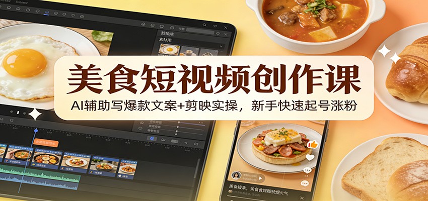 美食短视频创作课：AI辅助写爆款文案+剪映实操，新手快速起号涨粉-网创项目总站