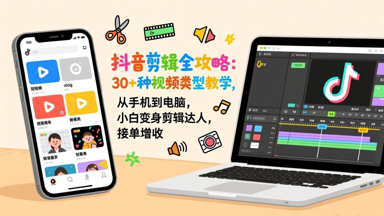 抖音剪辑全攻略：30+种视频类型教学，从手机到电脑，小白变身剪辑达人，接单增收-网创项目总站