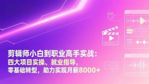 剪辑师小白到职业高手实战：四大项目实操、就业指导，零基础转型，助力实现月薪8000+-网创项目总站