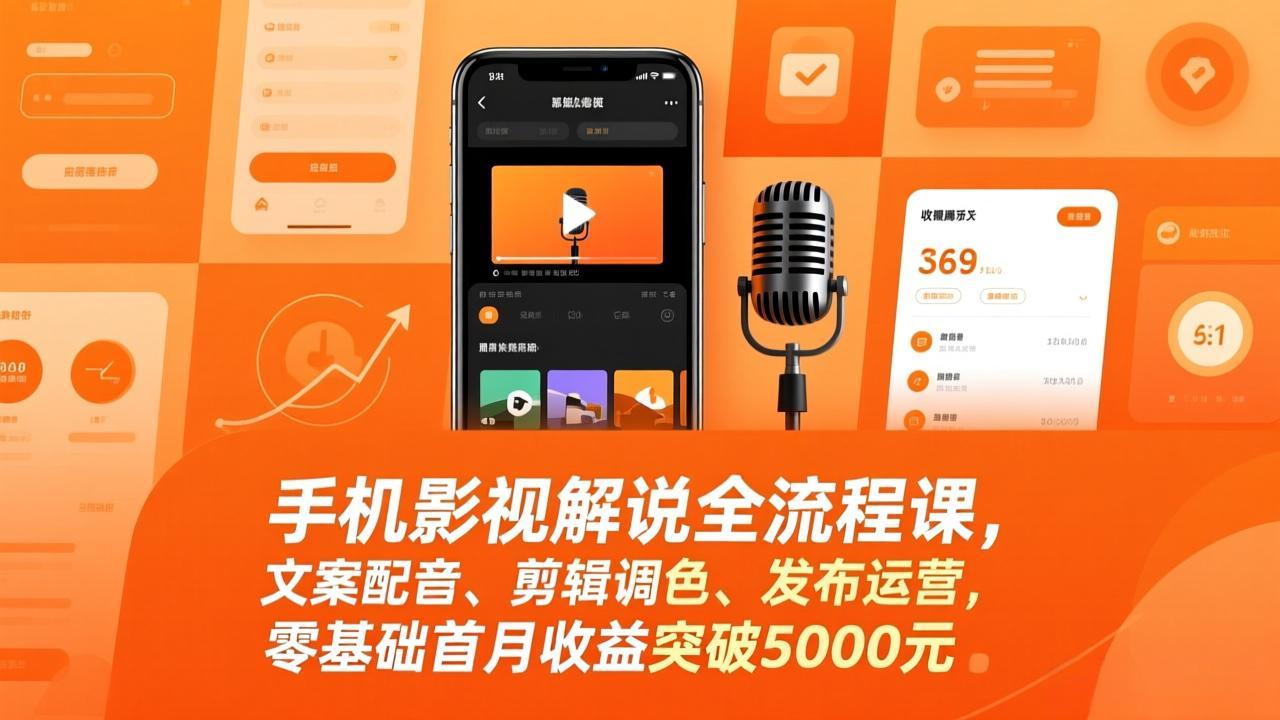 手机影视解说全流程课，文案配音、剪辑调色、发布运营，零基础首月收益突破5000元-网创项目总站