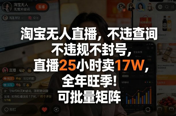 淘宝无人直播，不违规不封号，直播25小时卖17W，全年旺季！可批量矩阵【揭秘】-网创项目总站