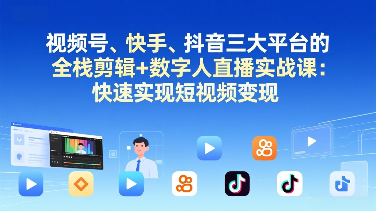 视频号+快手+抖音三大平台的全栈剪辑+数字人直播实战课-3月更新：快速实现短视频变现-网创项目总站