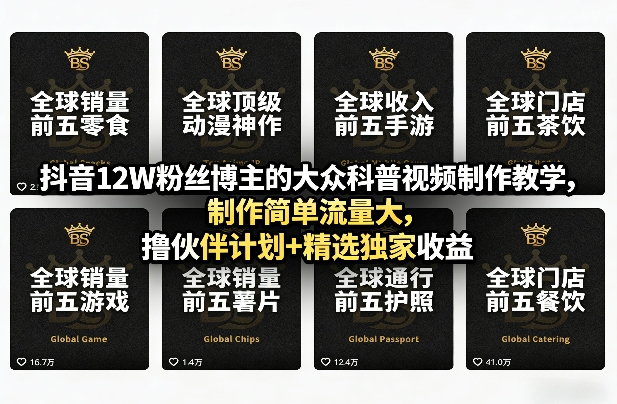 抖音12W粉丝博主的大众科普视频制作教学，制作简单流量大，撸伙伴计划+精选独家收益-网创项目总站