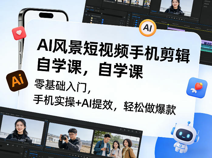 AI风景短视频手机剪辑自学课，零基础入门，手机实操+AI提效，轻松做爆款-网创项目总站