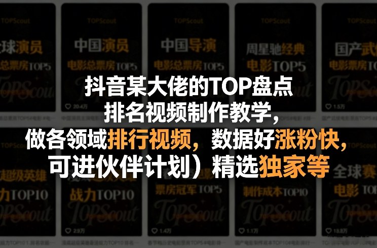 抖音某大佬的TOP盘点排名视频制作，做各领域排行视频，数据好涨粉快，可进伙伴计划＋精选独家等-网创项目总站