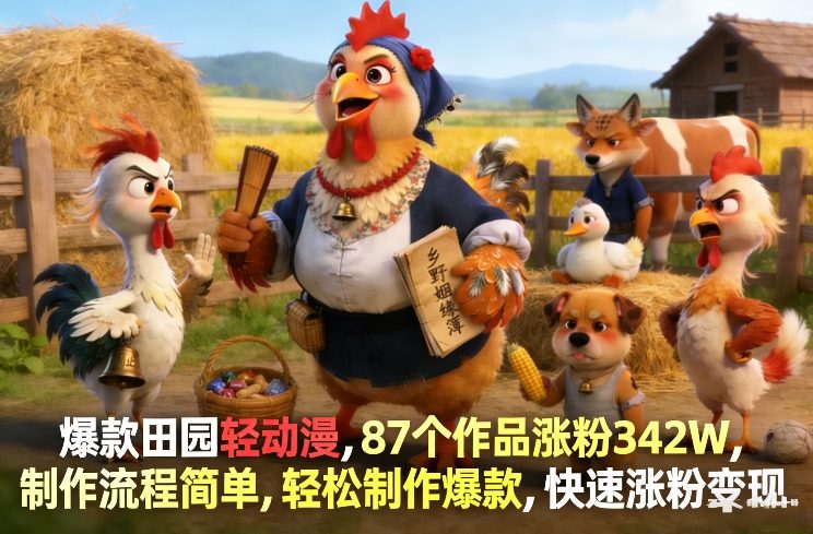 爆款田园轻动漫，87个作品涨粉342W，制作流程简单，轻松制作爆款，快速涨粉变现-网创项目总站