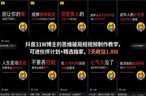 抖音31W博主的思维破局短视频制作教学，可进伙伴计划+精选独家，7天收益1.8W-网创项目总站