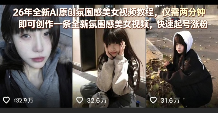 26年全新AI原创氛围感美女视频教程，仅需两分钟即可创作一条全新氛围感美女视频，快速起号涨粉-网创项目总站