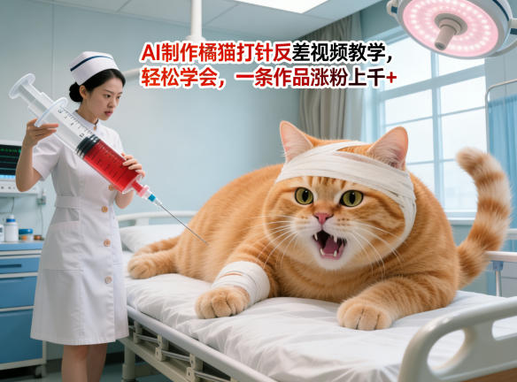 AI制作橘猫打针反差视频教学，轻松学会，一条作品涨粉上千+-网创项目总站