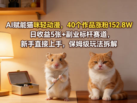 AI赋能猫咪轻动漫，40个作品涨粉152.8W，日收益5张+副业标杆赛道，新手直接上手，保姆级玩法拆解-网创项目总站