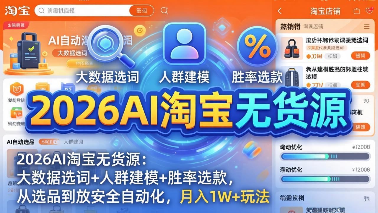 2026AI淘宝无货源-4月更新：大数据选词+人群建模+胜率选款，从选品到放大全自动化，月入1W+玩法-网创项目总站