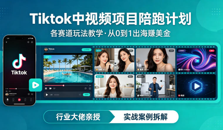 某大佬的Tiktok中视频项目陪跑，涵盖TK各个赛道玩法教学，从0到1出海賺美金-网创项目总站