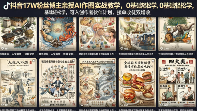 抖音17W粉丝博主亲授AI作图实战教学，0基础轻松学，可入创作者伙伴计划，接单收徒双增收-网创项目总站