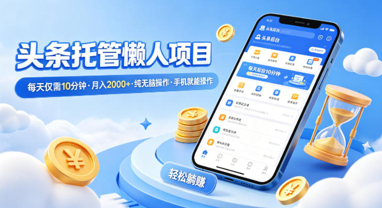 头条托管懒人项目，每天仅需10分钟，月入2000+，纯无脑操作，手机就能操作【揭秘】-网创项目总站