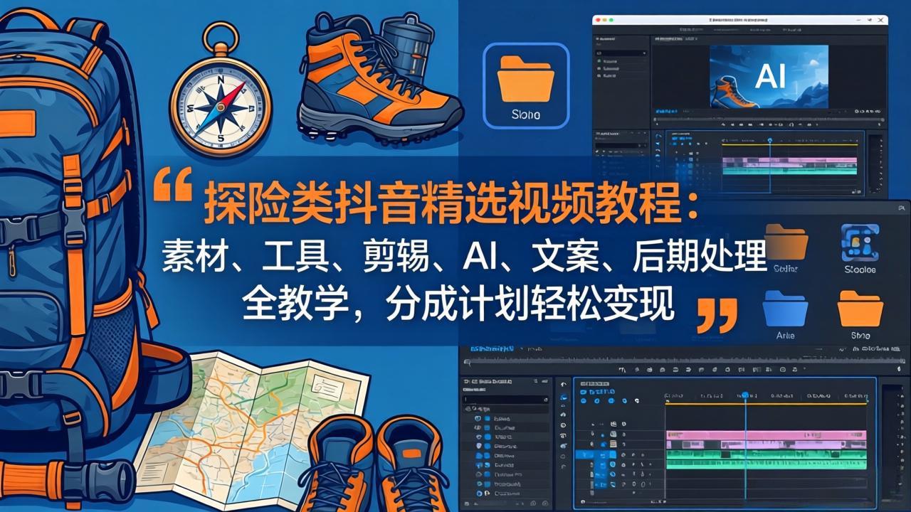 探险类抖音精选视频教程：素材、工具、剪辑、AI、文案、后期处理全教学，分成计划轻松变现-网创项目总站