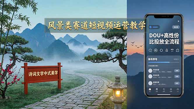 风景类赛道短视频运营教学：诗词文学中式美学，新号养号对标账号定位，DOU+高性价比投放全流程-网创项目总站