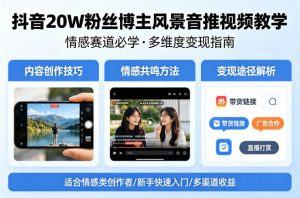 抖音20W粉丝博主风景音推视频教学，情感赛道必学，各种变现途径-网创项目总站