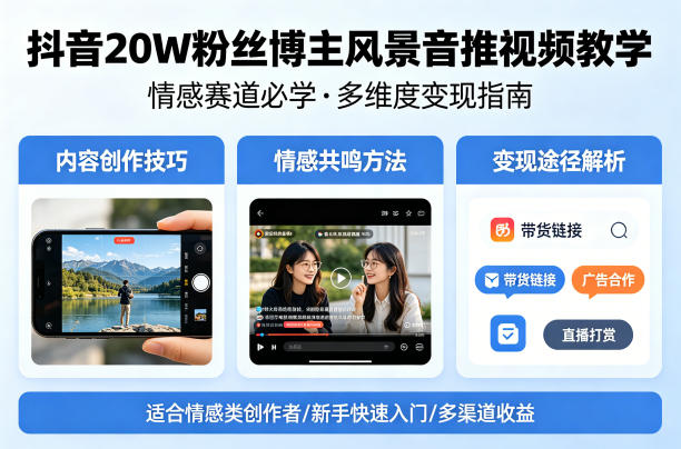抖音20W粉丝博主风景音推视频教学，情感赛道必学，各种变现途径-网创项目总站