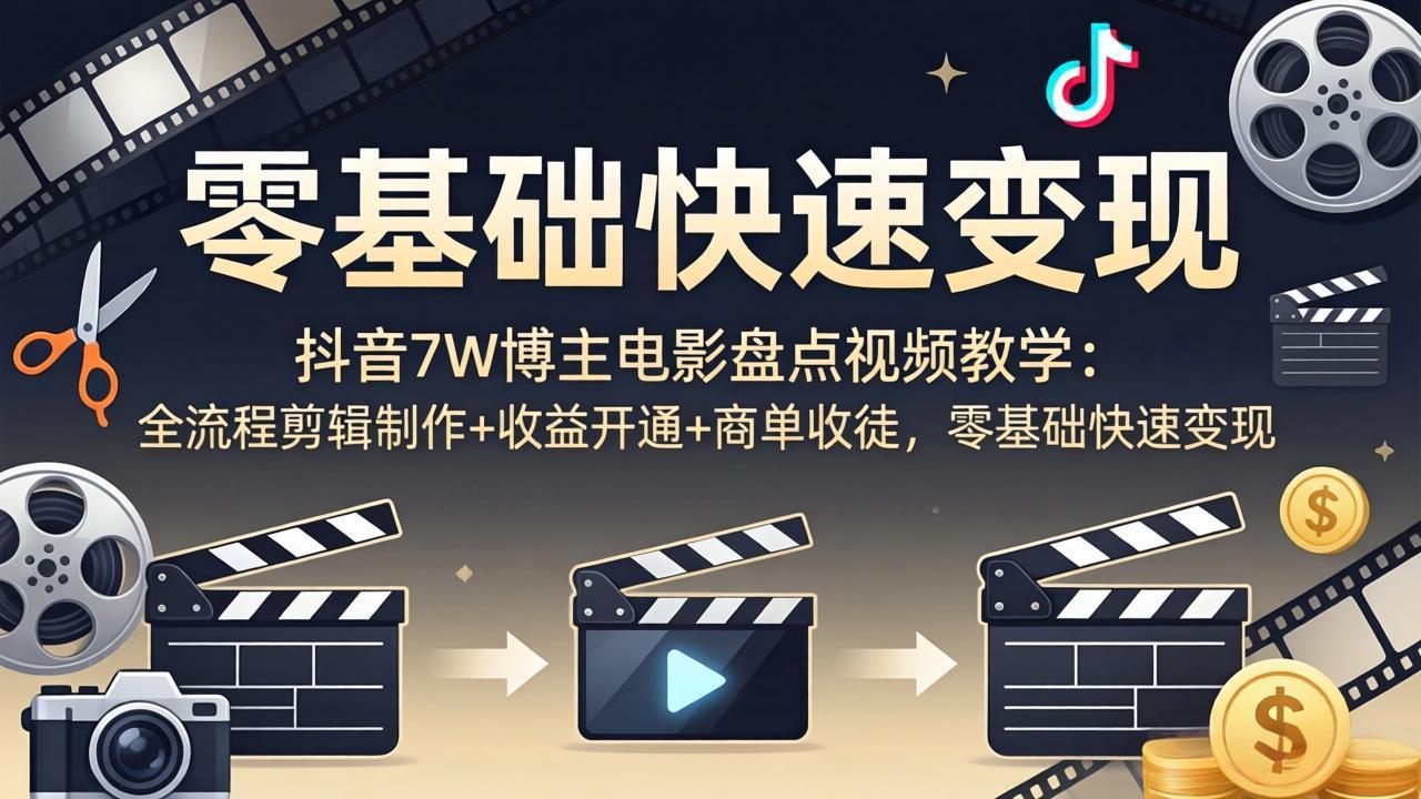 抖音7W博主电影盘点视频教学：全流程剪辑制作+收益开通+商单收徒，零基础快速变现-网创项目总站