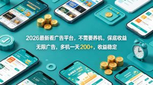 2026最新看广告平台，不需要养机，保底收益，无限广告，多机一天200+，收益稳定【揭秘】-网创项目总站