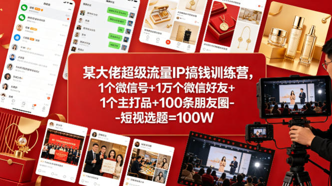 某大佬超级流量IP搞钱训练营，1个微信号+1万个微信好友+1个主打品+100条朋友圈-短视选题=100W-网创项目总站