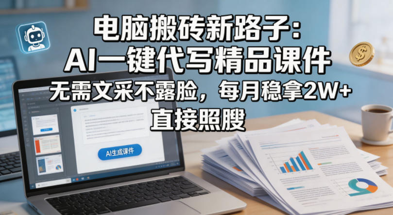电脑搬砖新路子：AI一键代写精品课件，无需文采不露脸，每月稳拿2W+，直接照搬-网创项目总站