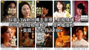 抖音53W粉丝博主亲授｜影视情绪共鸣混剪短视频教学，低门槛涨粉+变现，轻松月入1W+-网创项目总站