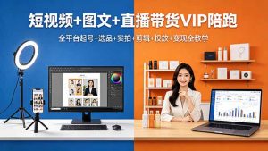 短视频+图文+直播带货VIP陪跑，全平台起号+选品+实拍+剪辑+投放+变现全教学-网创项目总站