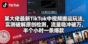 某大佬最新TikTok中视频搬运玩法，实测破解原创检测，流量稳冲破万，半个小时一条爆款-网创项目总站