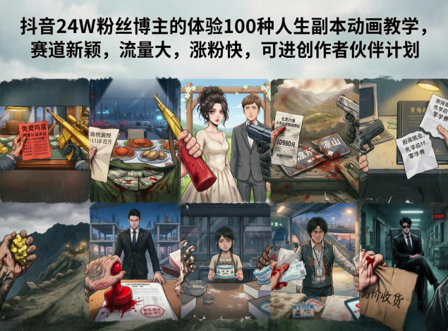 抖音24W粉丝博主的体验100种人生副本动画教学，赛道新颖，流量大，涨粉快，可进创作者伙伴计划-网创项目总站