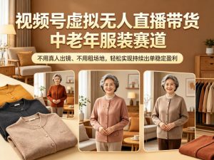 视频号虚拟无人直播带货中老年服装赛道，不用真人出镜、不用租场地，轻松实现持续出单稳定盈利-网创项目总站
