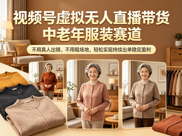 视频号虚拟无人直播带货中老年服装赛道，不用真人出镜、不用租场地，轻松实现持续出单稳定盈利-网创项目总站