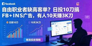 自由职业者缺高客单？日投10刀搞FB+INS广告，有人10天赚3K刀！【原创双语字幕】-网创项目总站