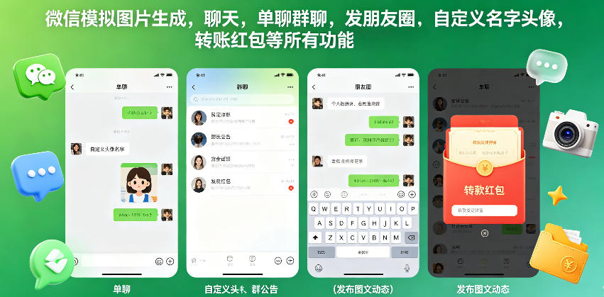微信模拟图片生成，聊天，单聊群聊，发朋友圈，自定义名字头像，转账红包等所有功能都可以生成-网创项目总站