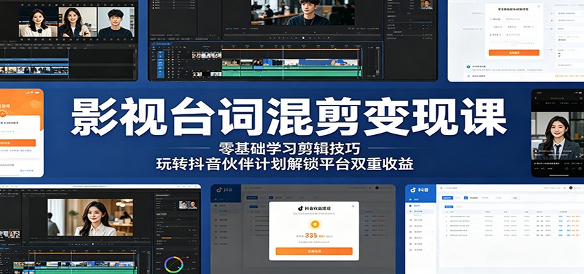 影视台词混剪变现课：零基础学习剪辑技巧，玩转抖音伙伴计划解锁平台双重收益-网创项目总站