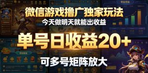微信游戏撸广独家玩法，今天做明天就能出收益，单号日收益20+，可多号矩阵放大-网创项目总站