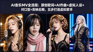 AI音乐MV全流程:原创歌词+AI作曲+虚拟人设+对口型+剪映后期,五步打造虚拟歌手-网创项目总站