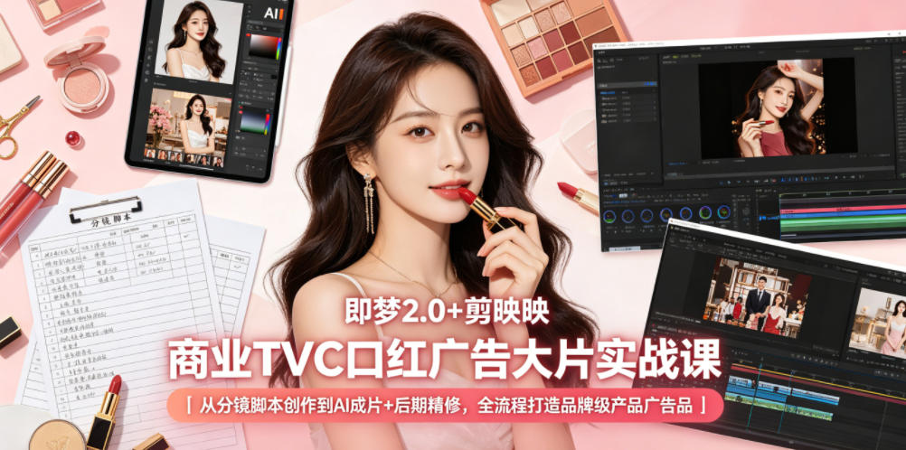 即梦2.0+剪映商业TVC口红广告大片实战课｜从分镜脚本创作到AI成片+后期精修，全流程打造品牌级产品广告-网创项目总站