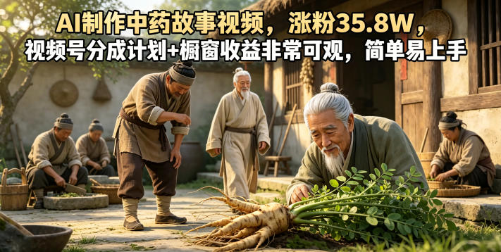 AI制作中药故事视频，涨粉35.8W，视频号分成计划+橱窗收益非常可观，简单易上手-网创项目总站