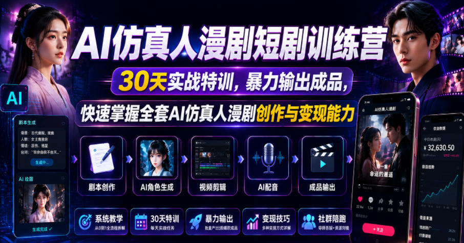 AI仿真人漫剧短剧训练营，30天实战特训，暴力输出成品，快速掌握全套AI仿真人漫剧创作与变现能力-网创项目总站